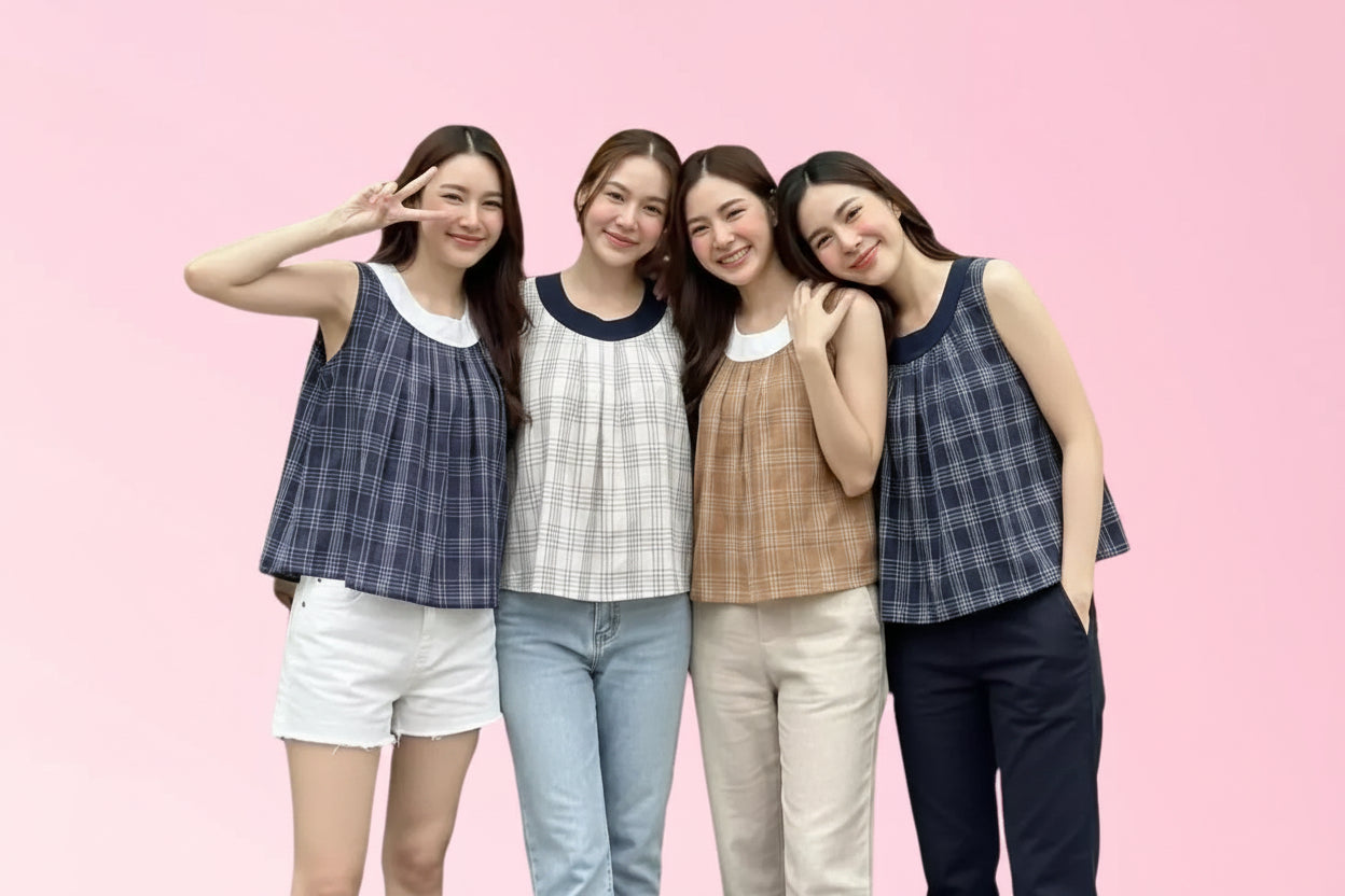 Women’s plaid sleeveless tops shown in four colour combinations