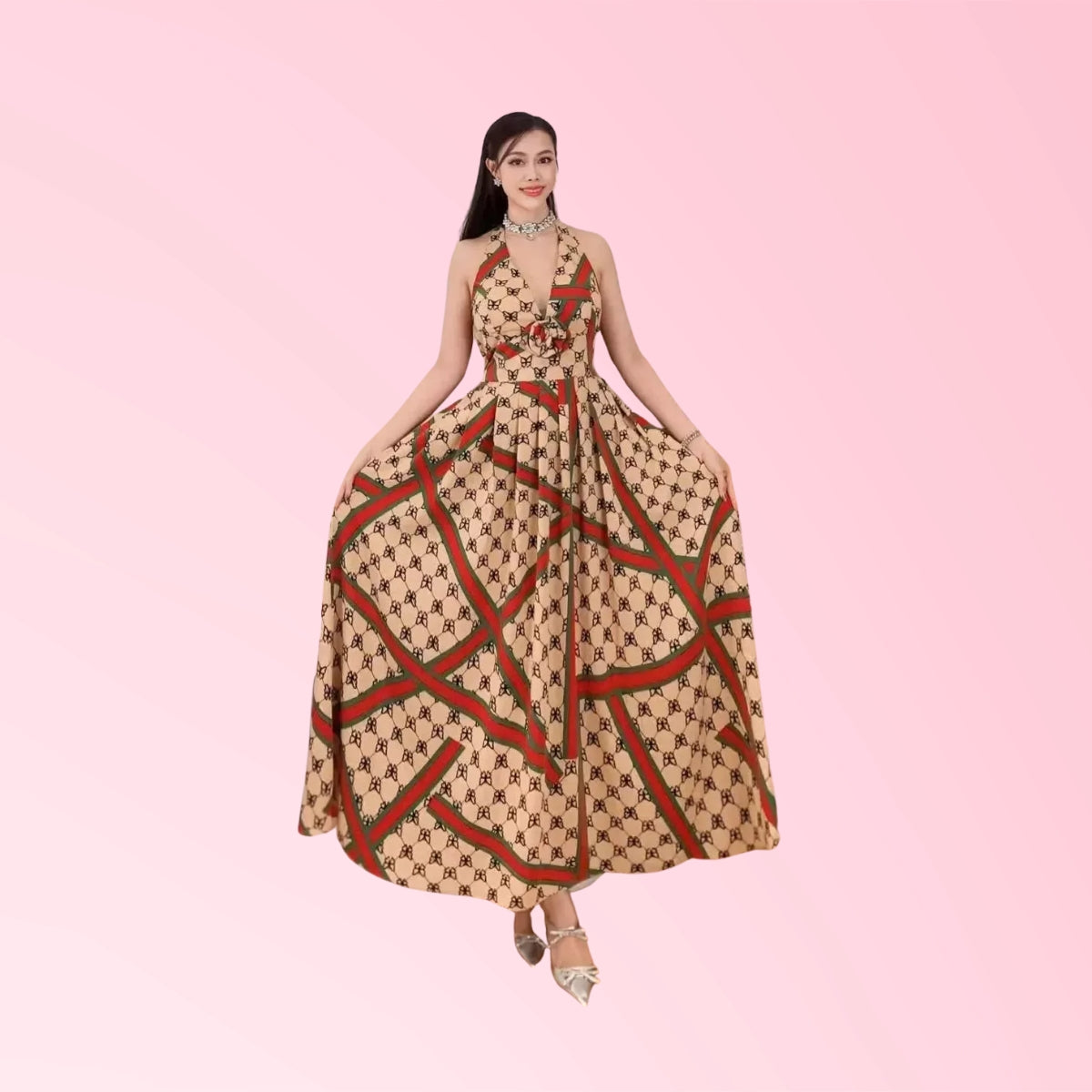 Women's printed halter maxi dress in beige geometric print