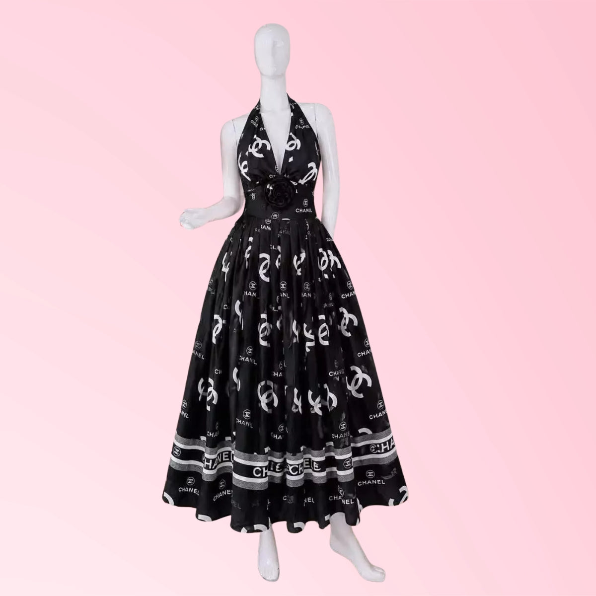 Women's printed halter maxi dress in black logo print