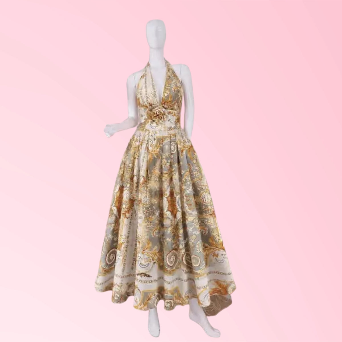 Women's halter maxi dress in gold paisley print
