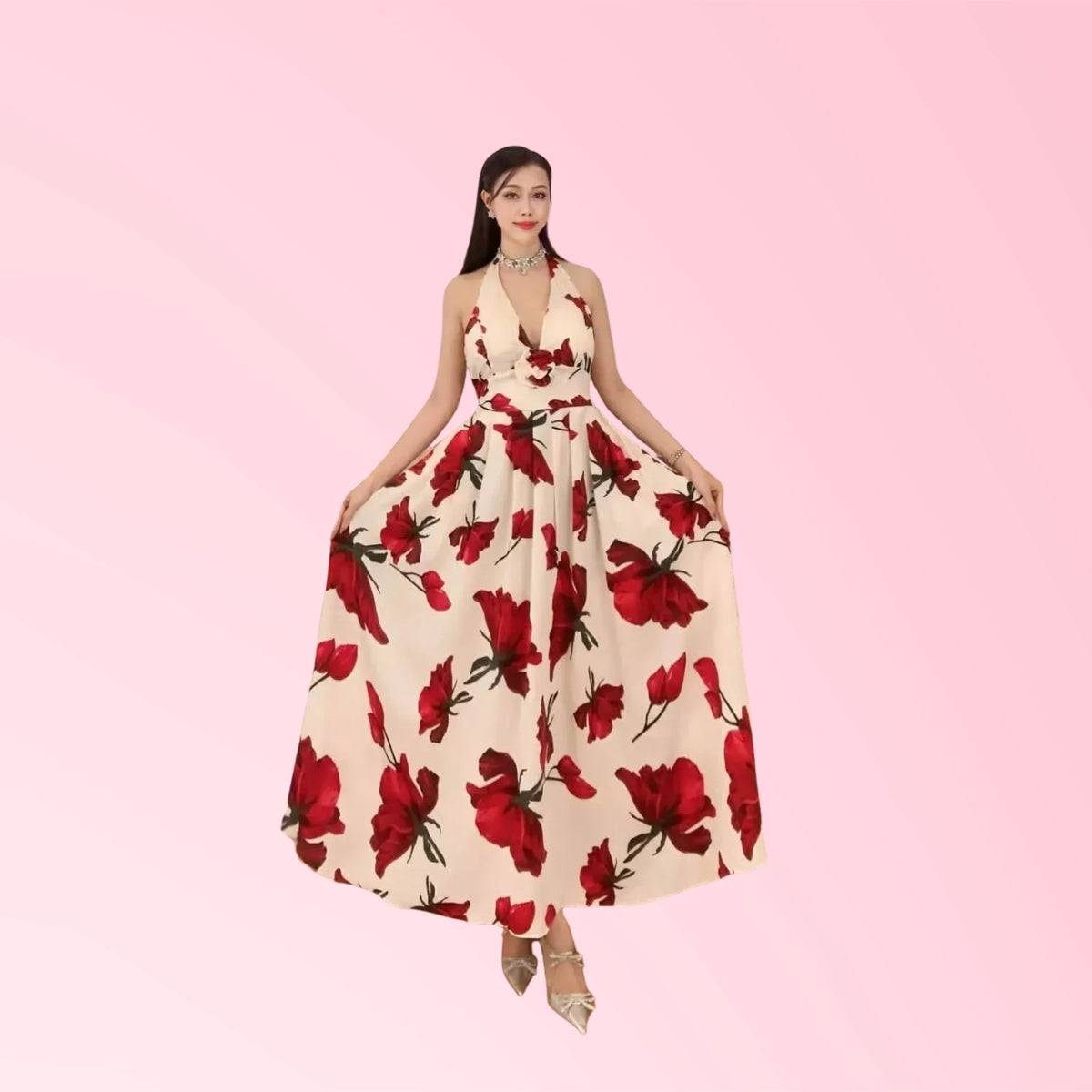 Women's printed halter maxi dress in ivory with red floral print