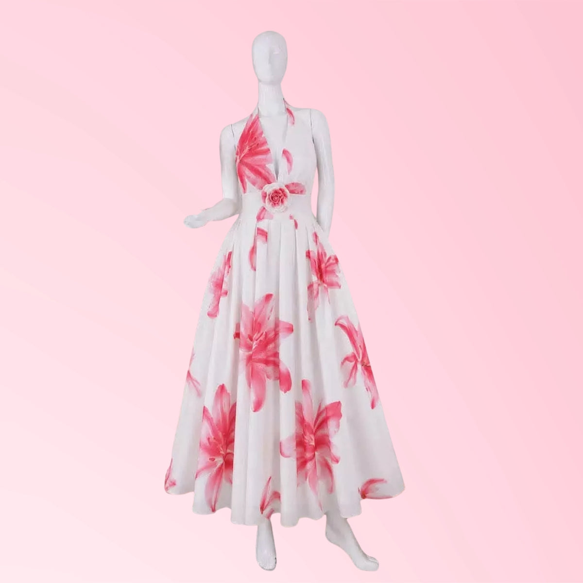 Women's halter maxi dress in white with pink floral print