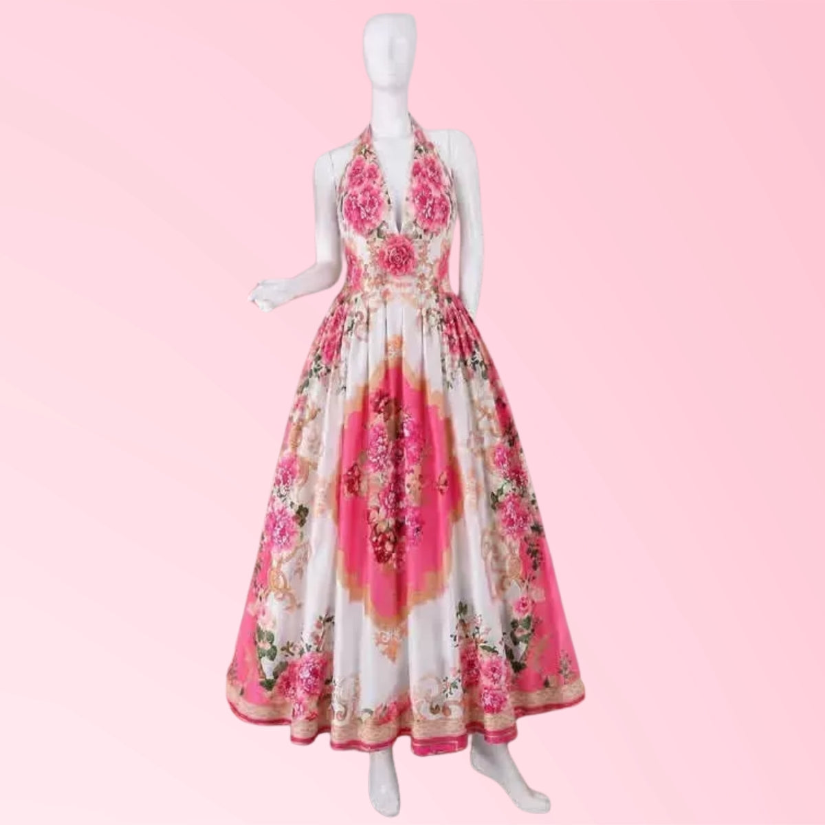 Women's halter maxi dress in white and pink floral medallion print