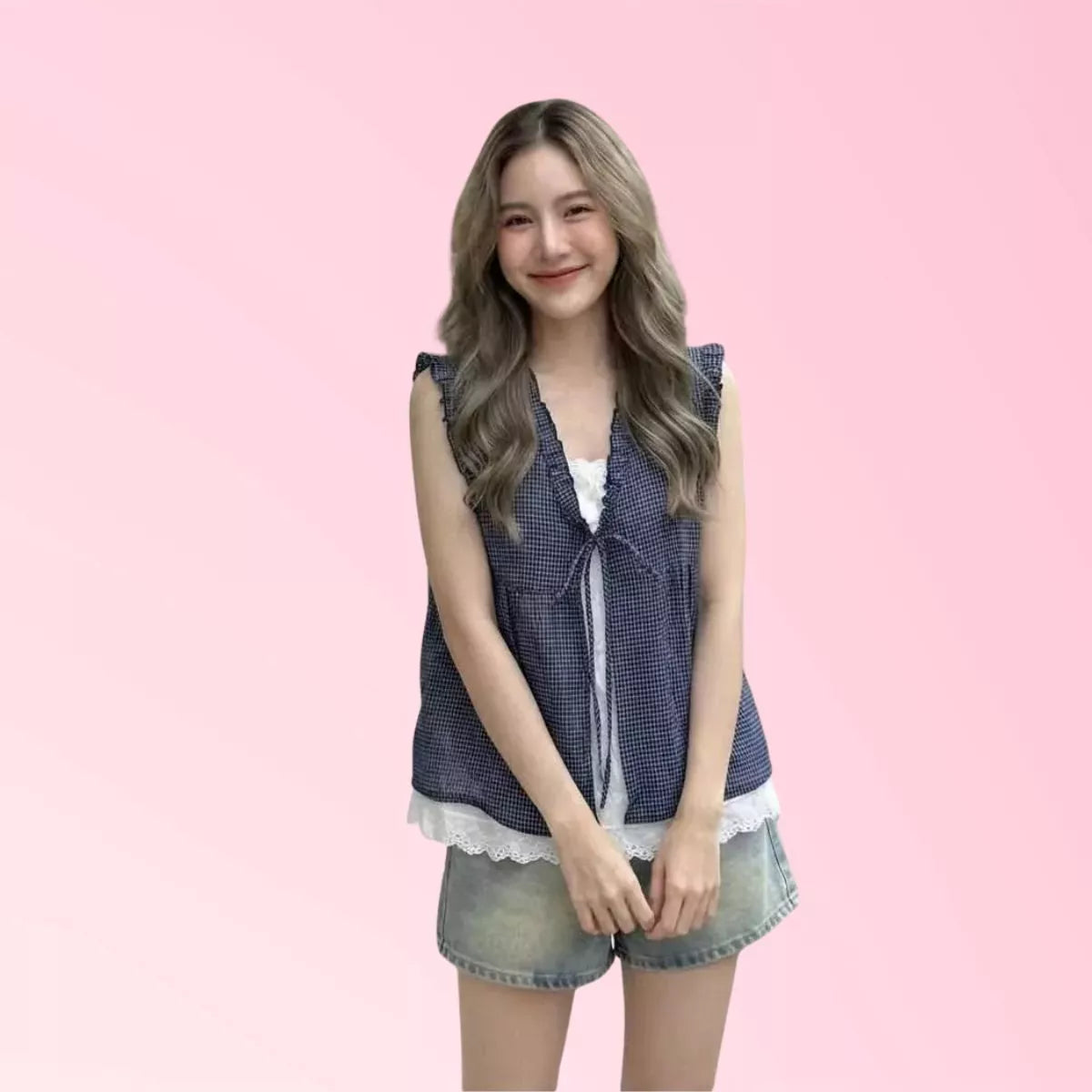 Women’s navy check ruffle tie-front vest top