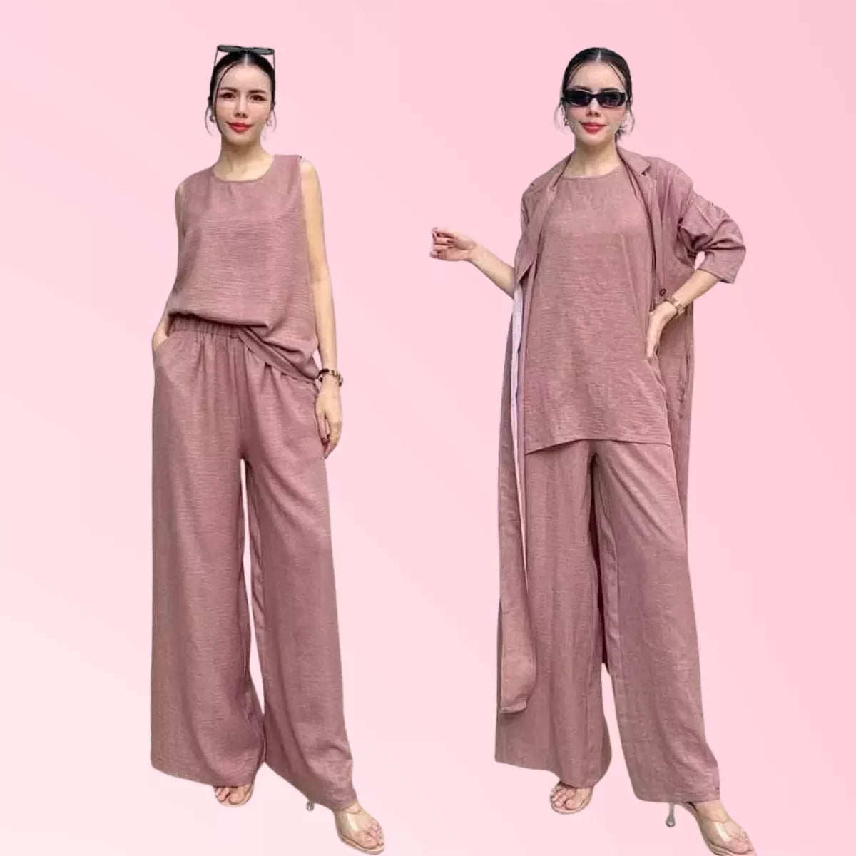 Women's 3-piece wide-leg pants set in mauve