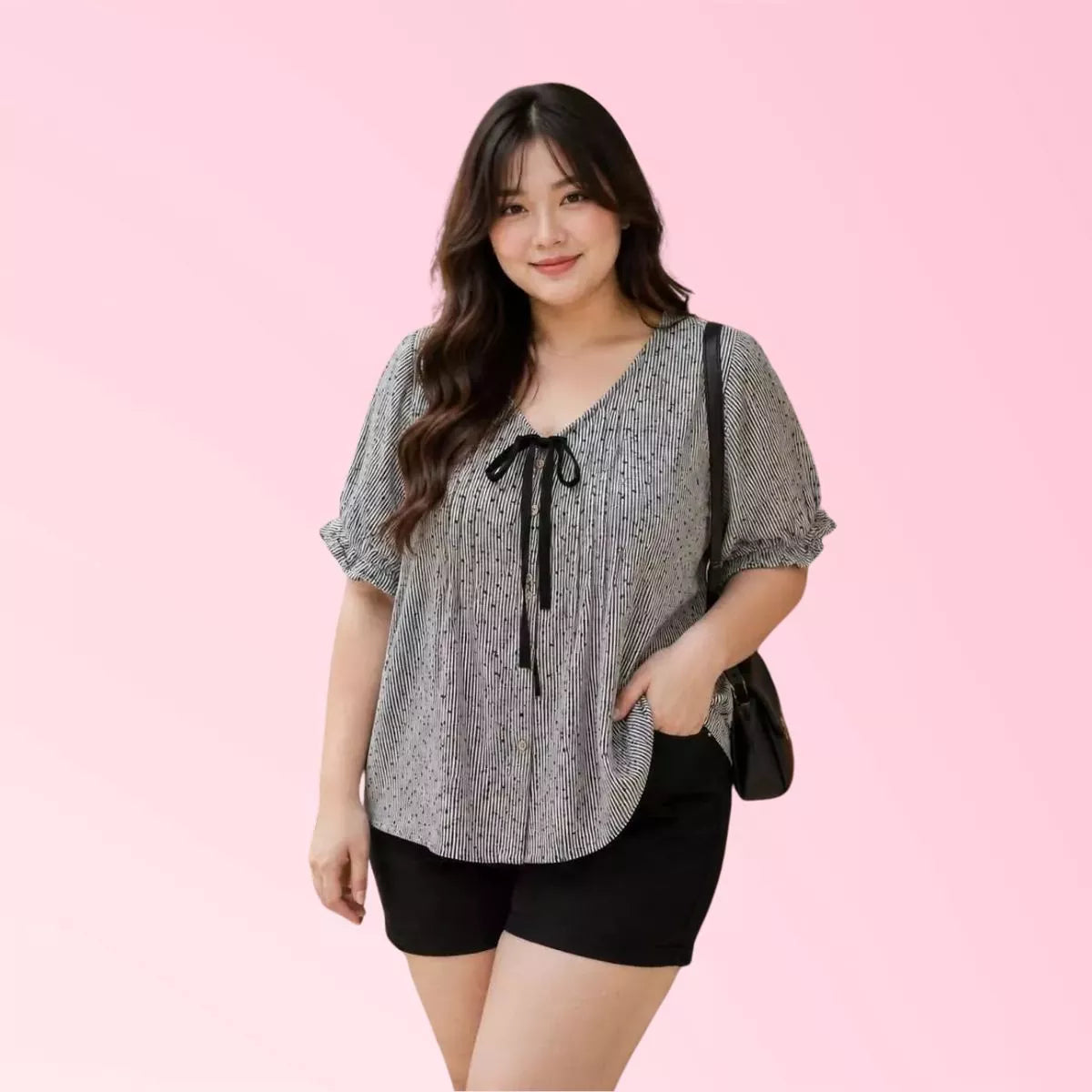 Women’s charcoal bow-neck short-sleeve casual blouse