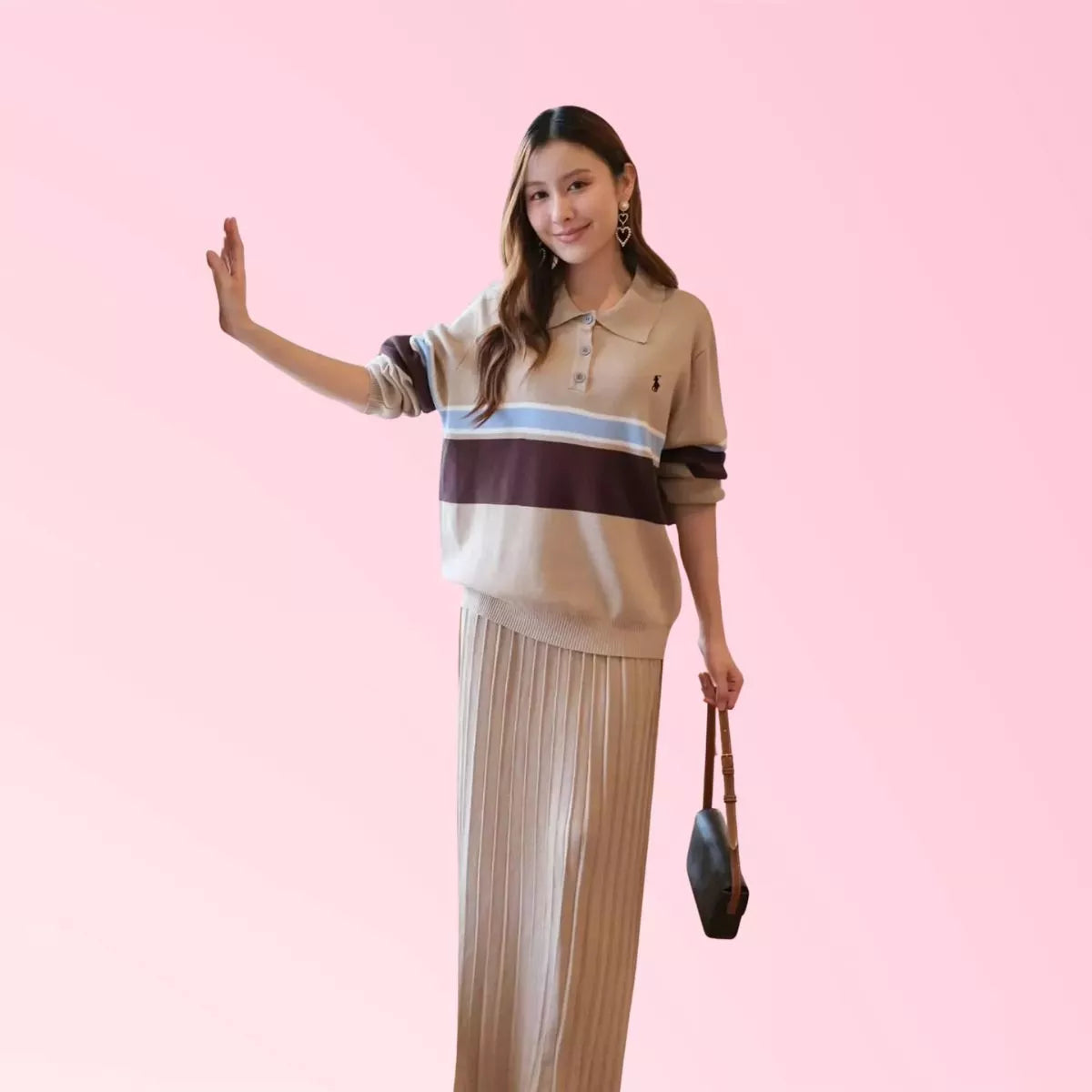 Beige striped collared top with matching pleated maxi skirt