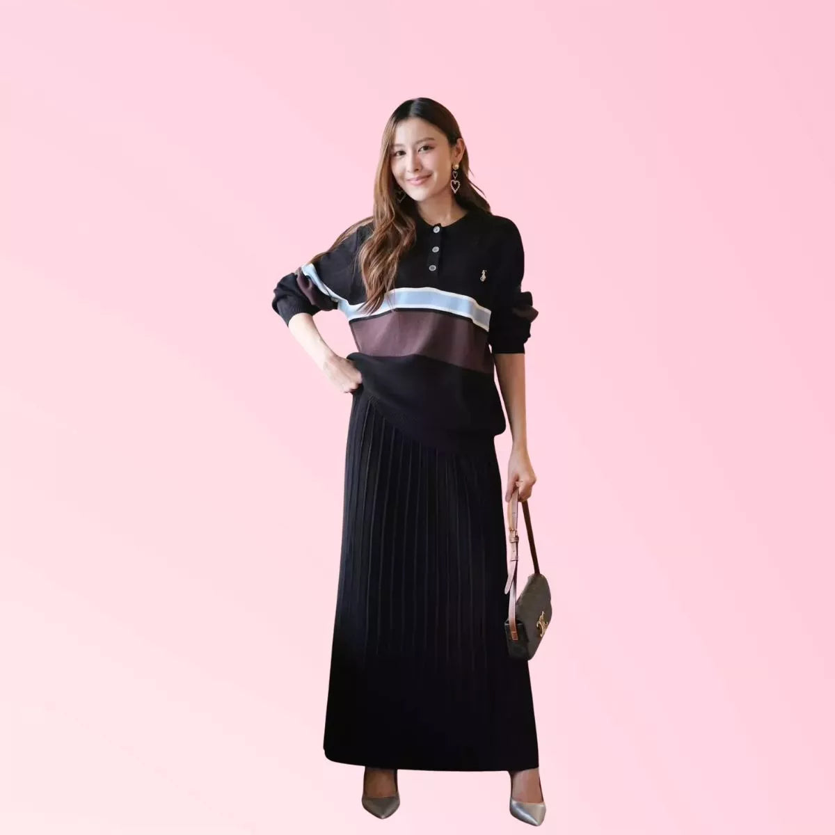 Charcoal long-sleeve striped collared top with pleated maxi skirt