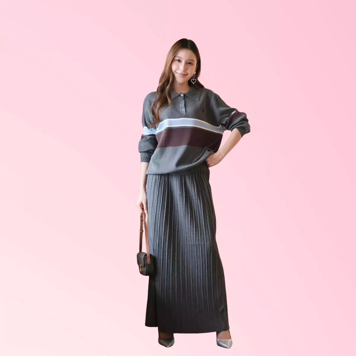 Charcoal long-sleeve striped collared top with pleated maxi skirt