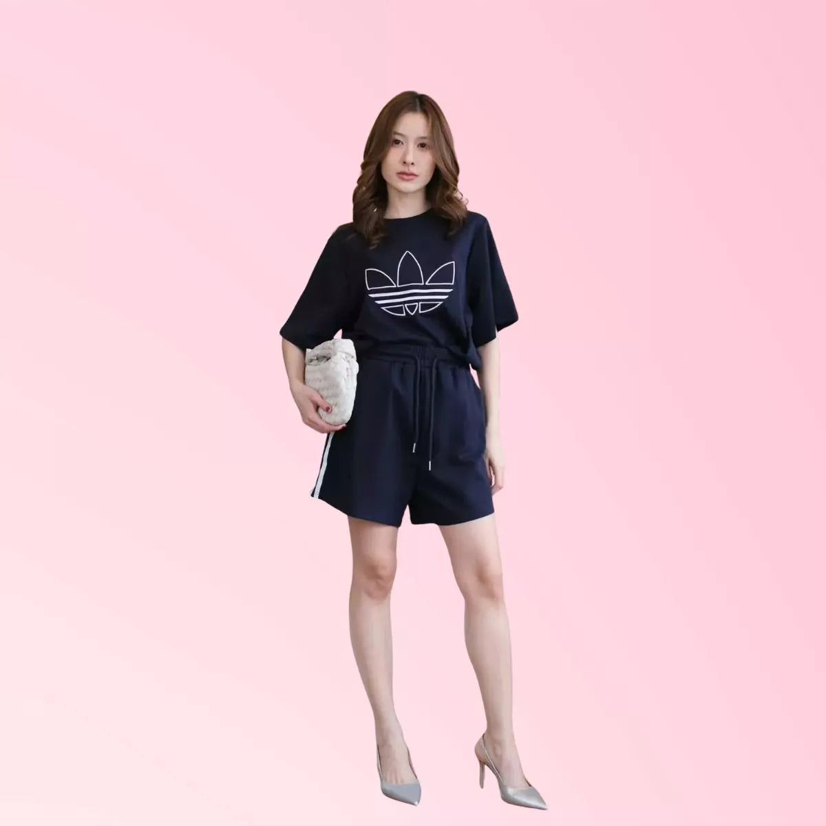 Women’s navy graphic T-shirt and drawstring shorts set 1