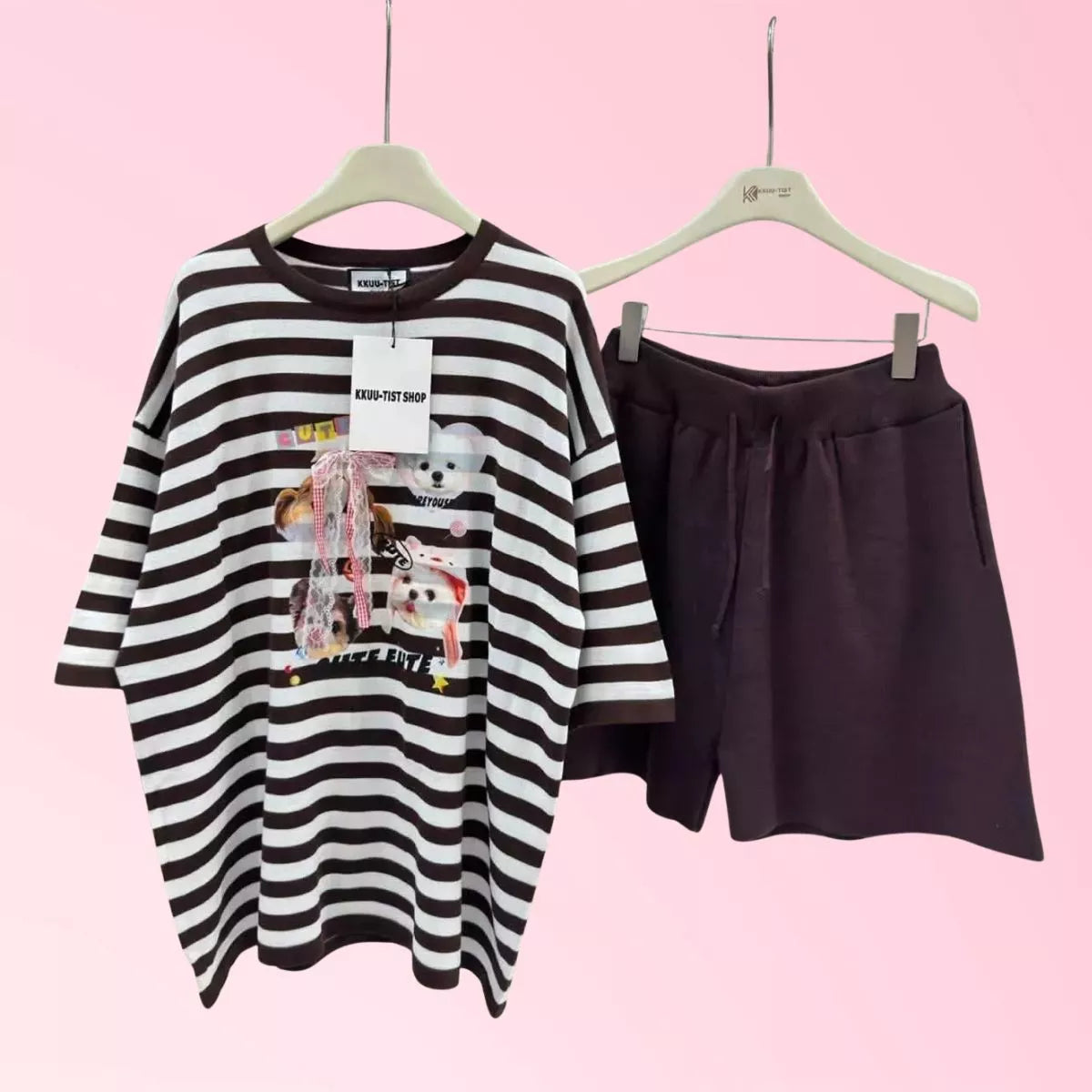Women’s brown and white striped graphic top with matching drawstring 