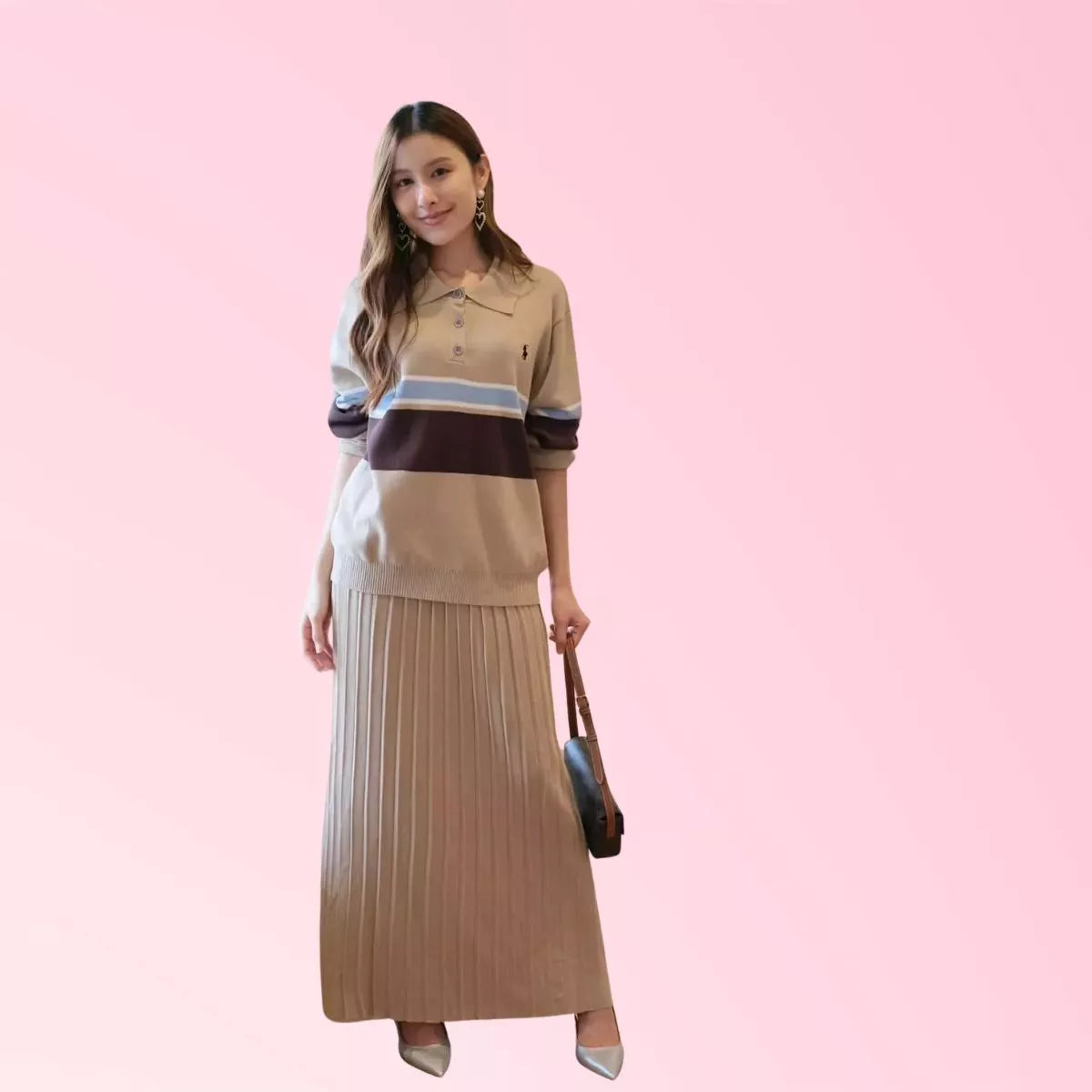 Women’s beige striped collared top and pleated maxi skirt set