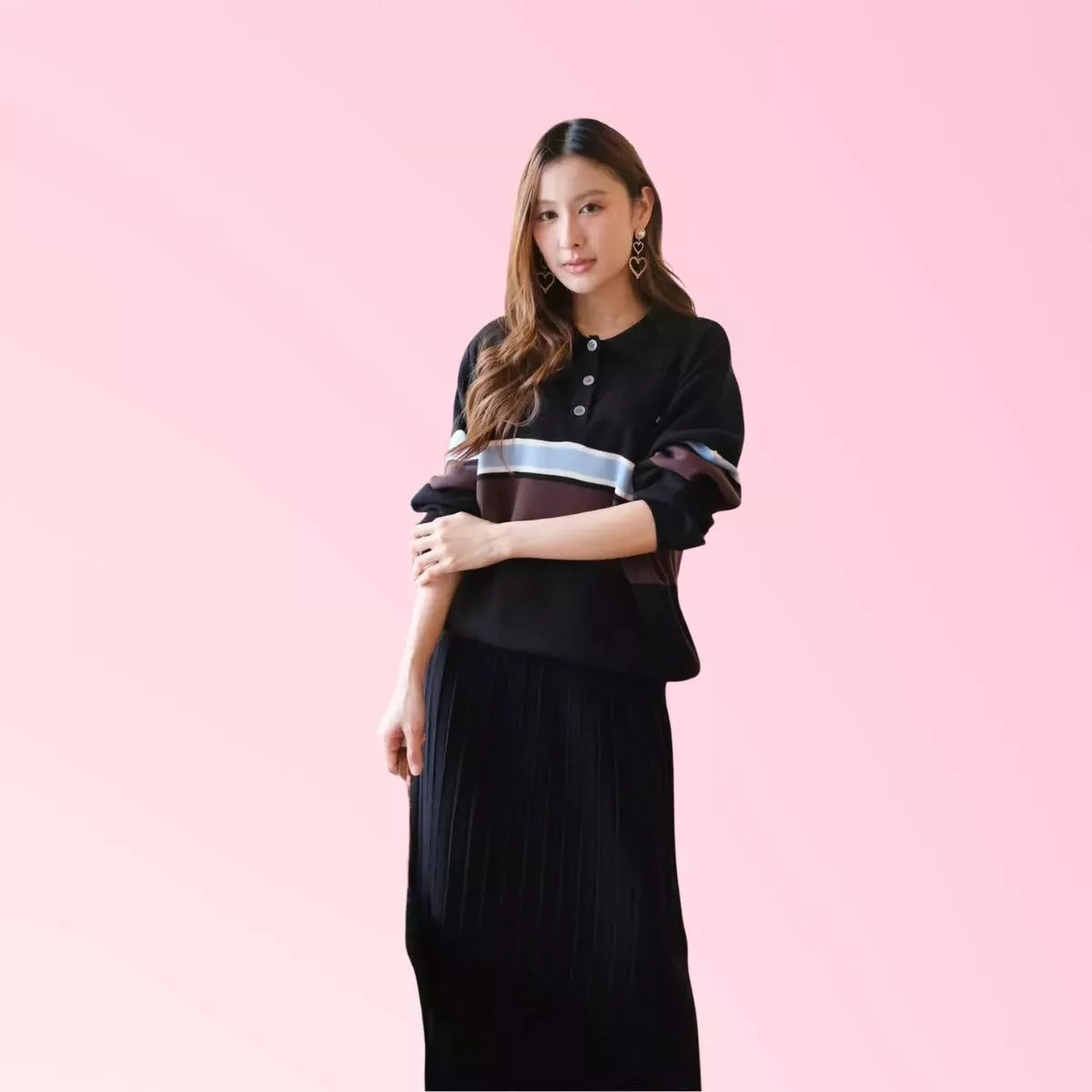 Women’s charcoal striped collared top and pleated maxi skirt set