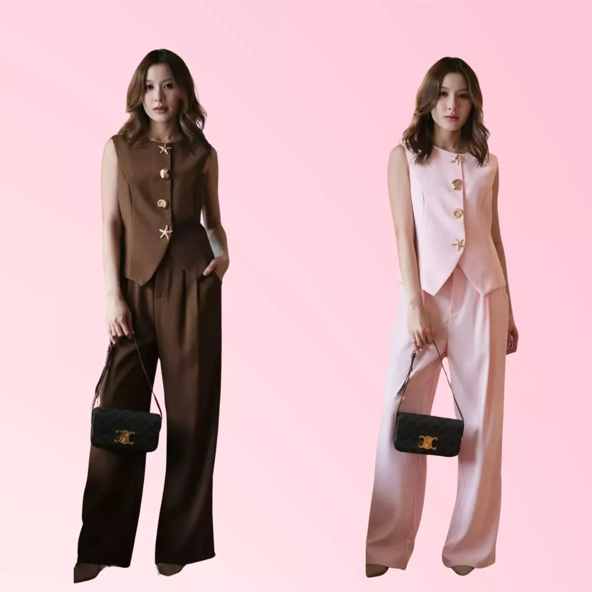 Women’s vest and wide-leg trouser set in brown and pink
