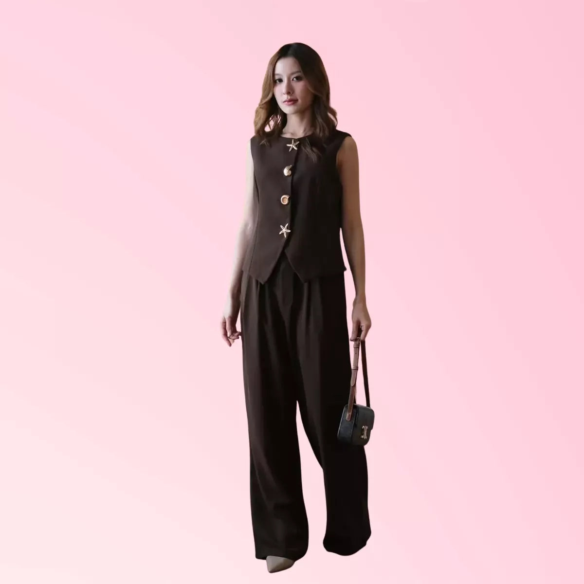 Women’s brown vest and wide-leg trouser two-piece set 3