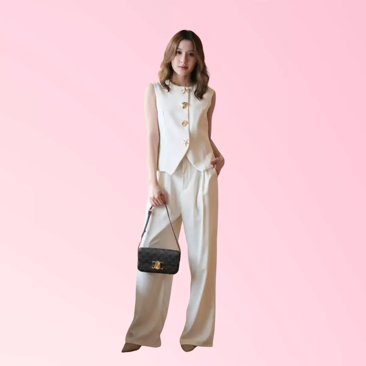 Women’s ivory vest and wide-leg trouser two-piece set